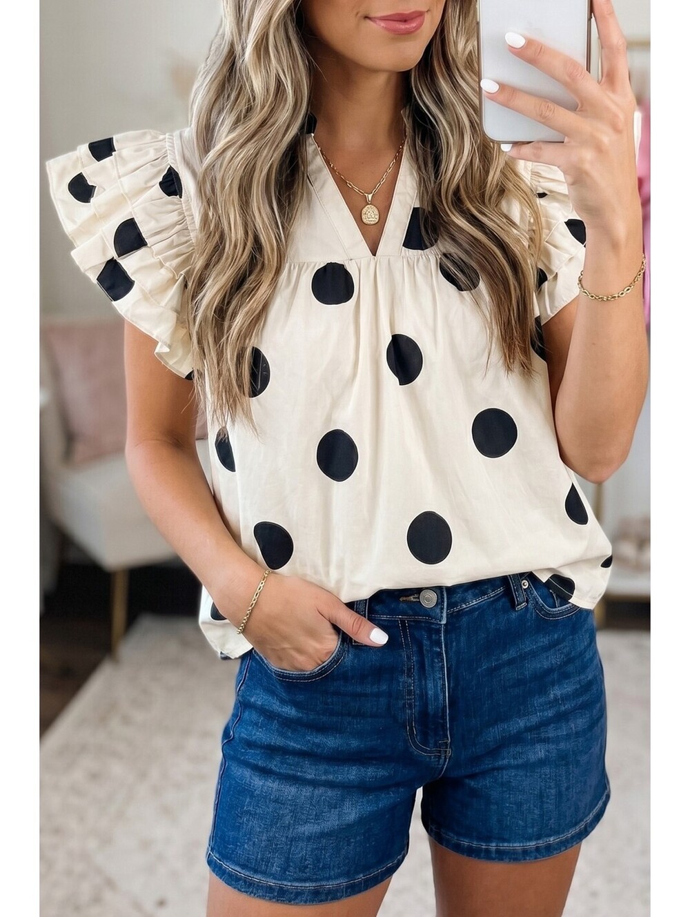 Women's Polka Dot Flutter Sleeve Blouse - Cream and Black